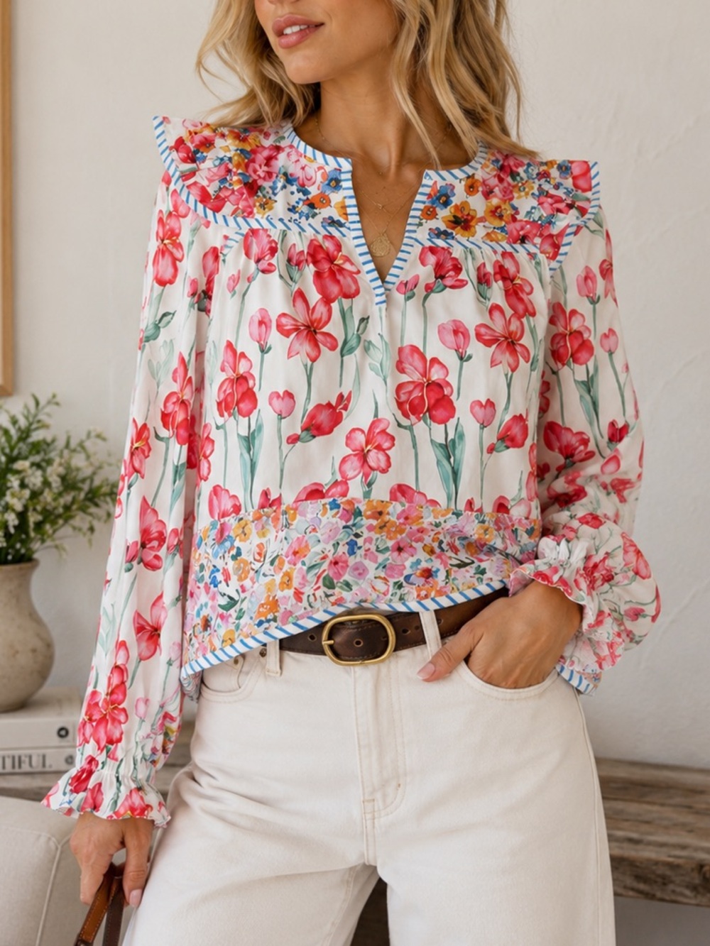 Floral V-Neck Long-Sleeve Blouse in White and Pink